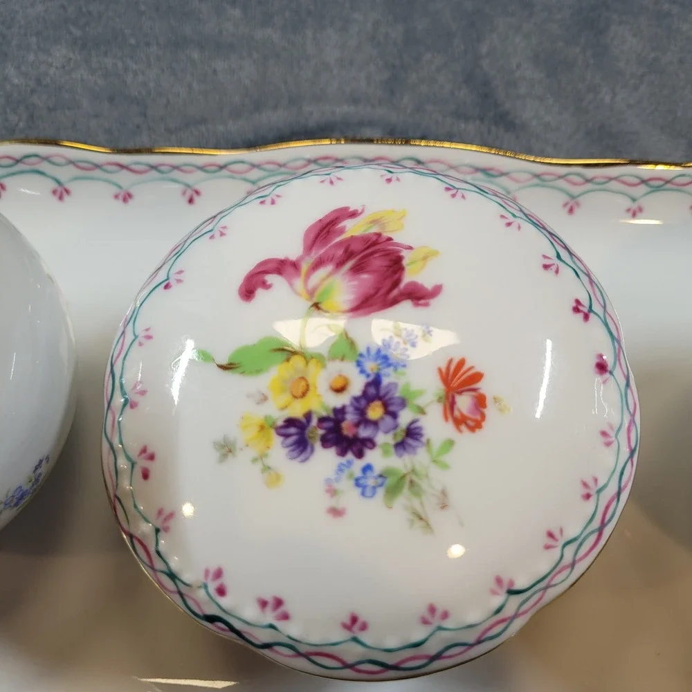 KPM Porcelain Vanity Set 4pc Floral Bud Vases Lidded Trinket Box and Tray